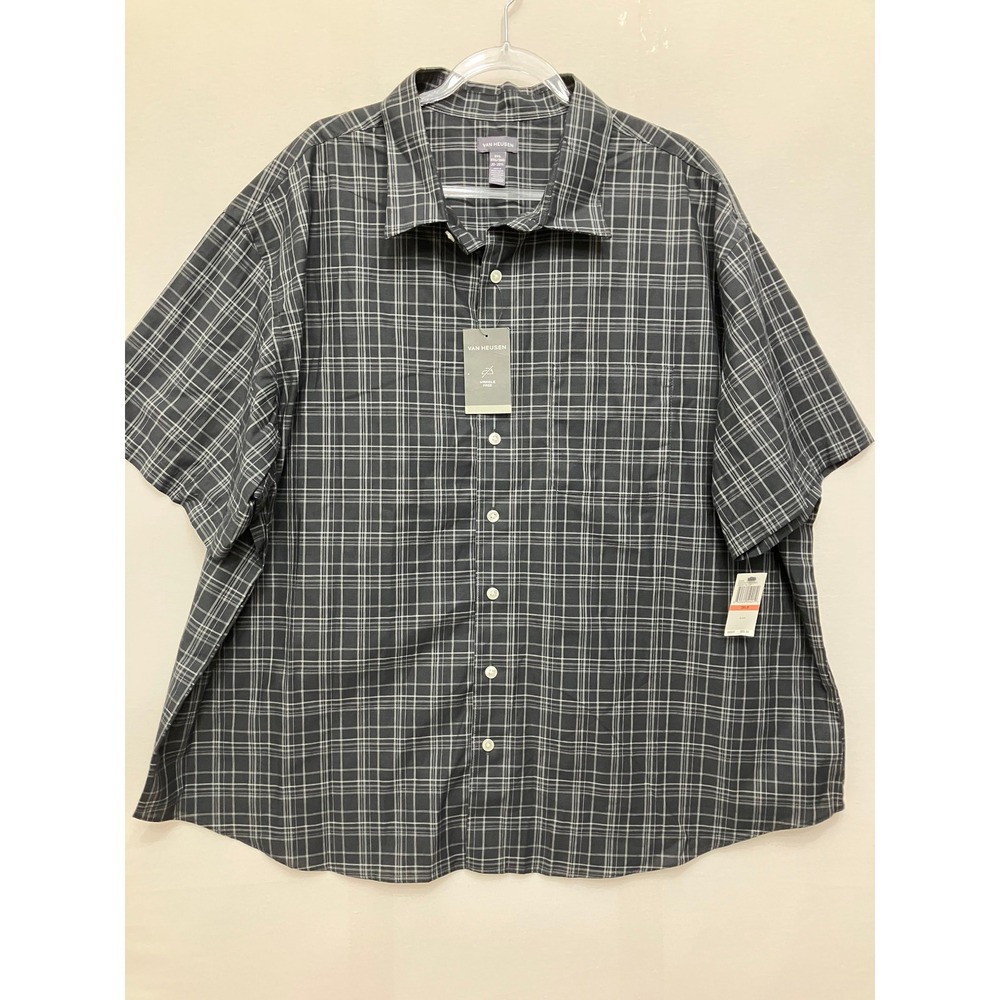 New Van Heusen Button Down Shirt 3XLB Black Plaid Wrinkle Free Short Sleeve